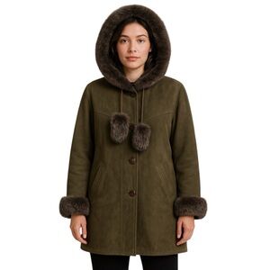 Vintage Genuine Shearling Hooded Coat Fur Trim Olive Suede Pellegrino K Large